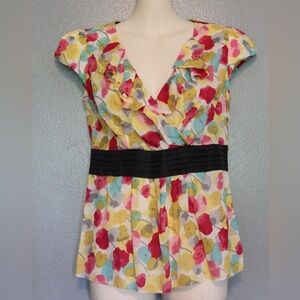Odille Anthropologie Ruffled Multi-Colored Cap Sleeve Blouse Top Size 4
